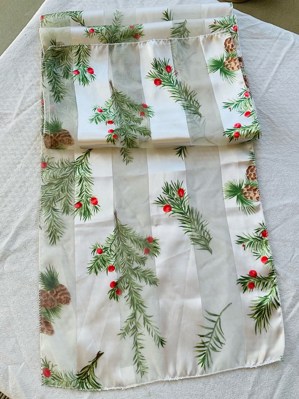 Christmas Holiday Scarf Holly Berries White Satin Long 59"x 13” Silky Polyester